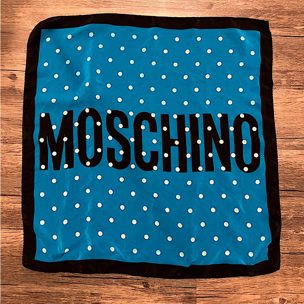 MOSCHINO.EUC.Made in Italy.100% silk scarf.Beautiful blue with white polka dots.